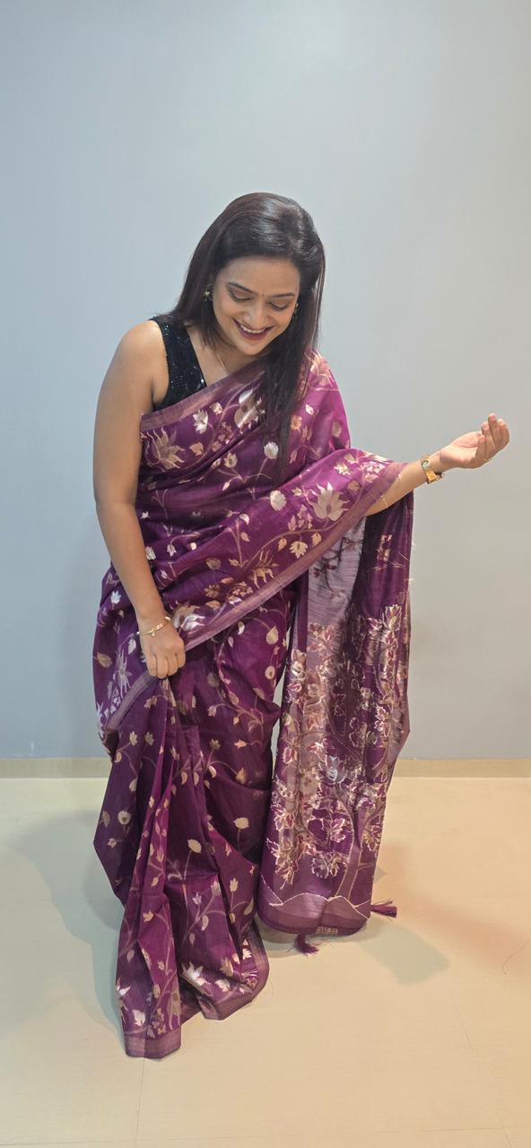 Purple floral sari with delicate gold accents